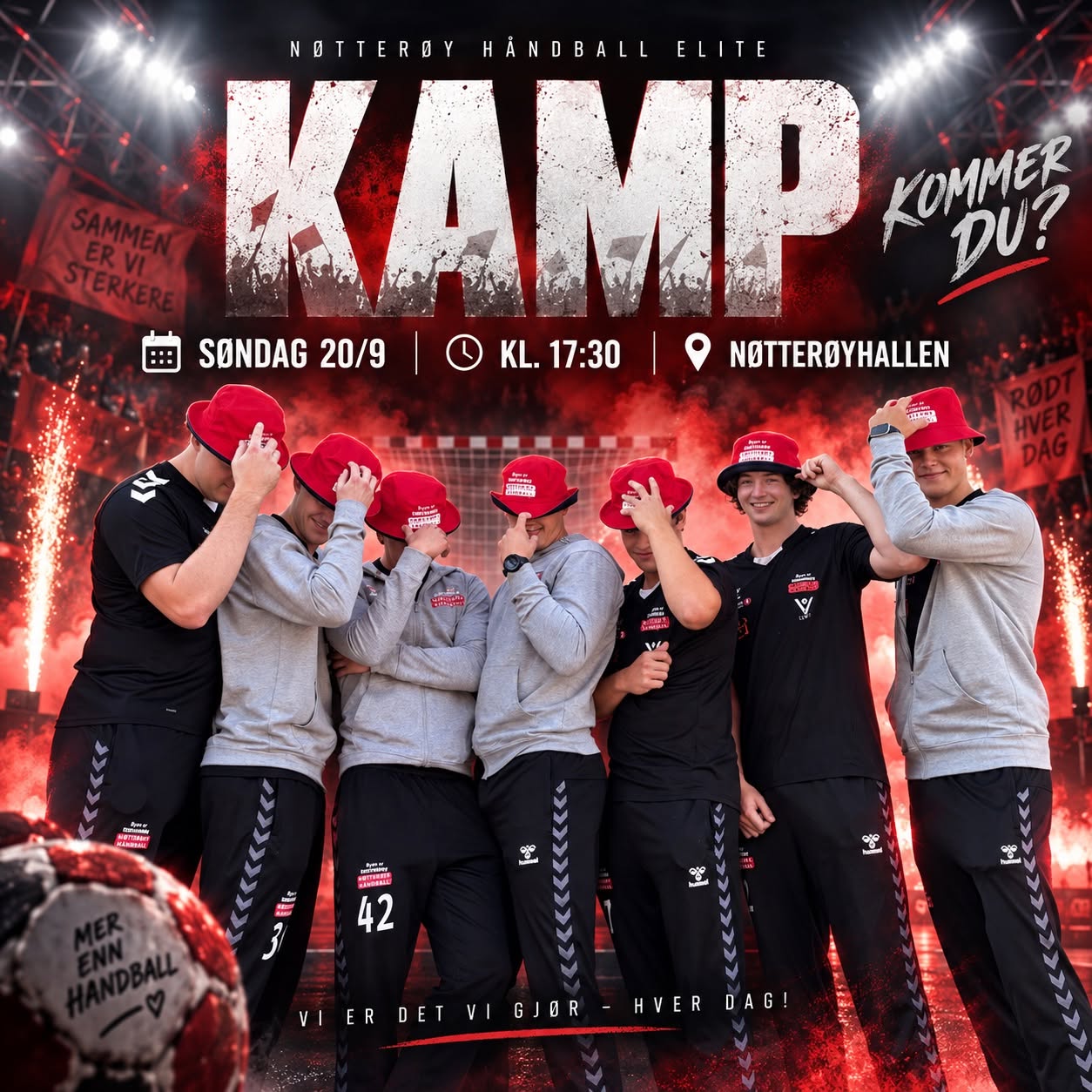 Kan være et bilde av tekst som sier 'NOTTEROY HANDBALL ELITE KAMP KOMMEP DU? SONDAG 20/9 KL. KL.17:30 17:30 NOTTEROYHALLEN 蛋品 अ SM 三 Sasua 42 좋이 ER ET VI GJOR HVER DAG! ¡ERDETWIGJOR-HVERDAGI A'
